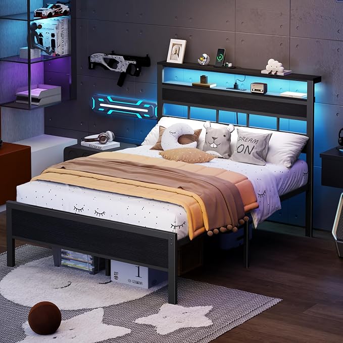 Furnulem Full Size Bed Frame with LED Light and Charging Station Wood Storage Headboard with 2-Tier Shelves Metal Platform Bed with Heavy Duty Slats Support No Box Spring Needed Black Oak