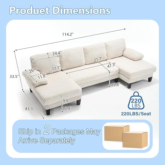Sectional Couches for Living Room 114 Cloud Couch Modular Sofa Convertible U Shaped Couchs with Double Chaise 4-Seat Deep Seats Corduroy Sleeper Sofas for Home Furniture Beige