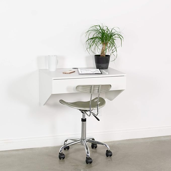 VIVO White Wall Mounted Desk with 28 inch Surface and Pull Out Drawer Floating Wall Organizer Under Storage Workstation DESK-SF01W