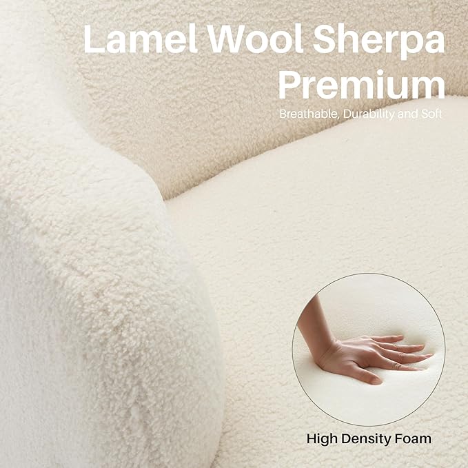 Swivel Accent Chair Sherpa Teddy Barrel Chair for Living Room Cozy Round Boucle Arm Chair Metal Base for Club Nursery Bedroom Beige Cream White