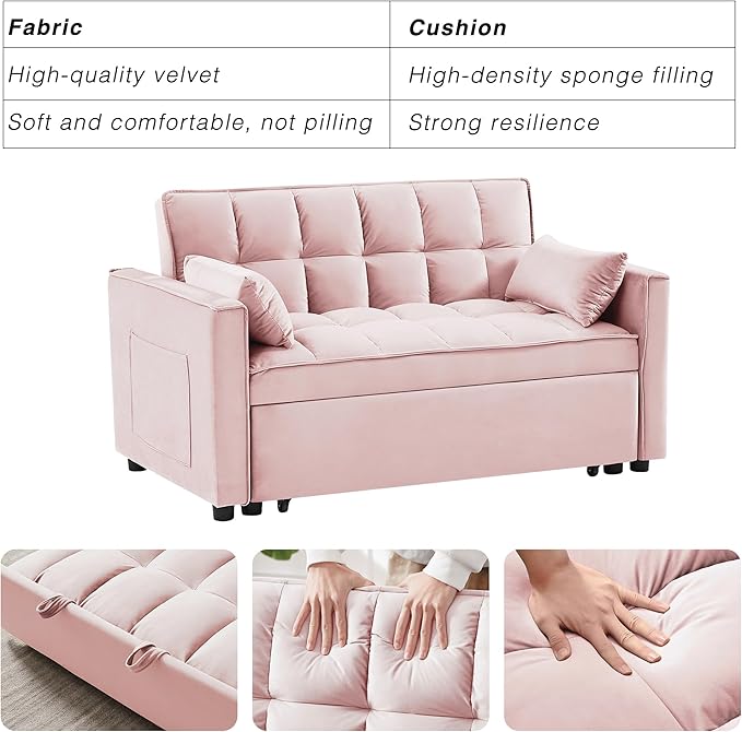 Wakefit 3 in 1 Convertible Sleeper Sofa Bed Futon Couches for Living Room with Side Pocket | Adjustable Backrest| Velvet Fabric | Pull Out Couch | Recliner Loveseat | Sectional Sofa Pink