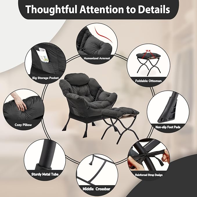 Lazy Chair with Folding Ottoman Accent Chair Velvet Upholstered with Metal Structure and Non-Slip Pads Sofa Armchair with Footrest and Side Storage Bag for Dorm Office Charcoal