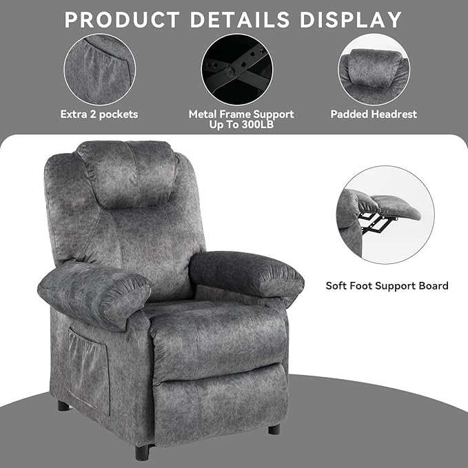 Pushback Massage Recliner Chairs with Heat for Adult Mid-Century Heated Fabric Reclining Chair Small Manual Recliner Chair for Small Places Grey