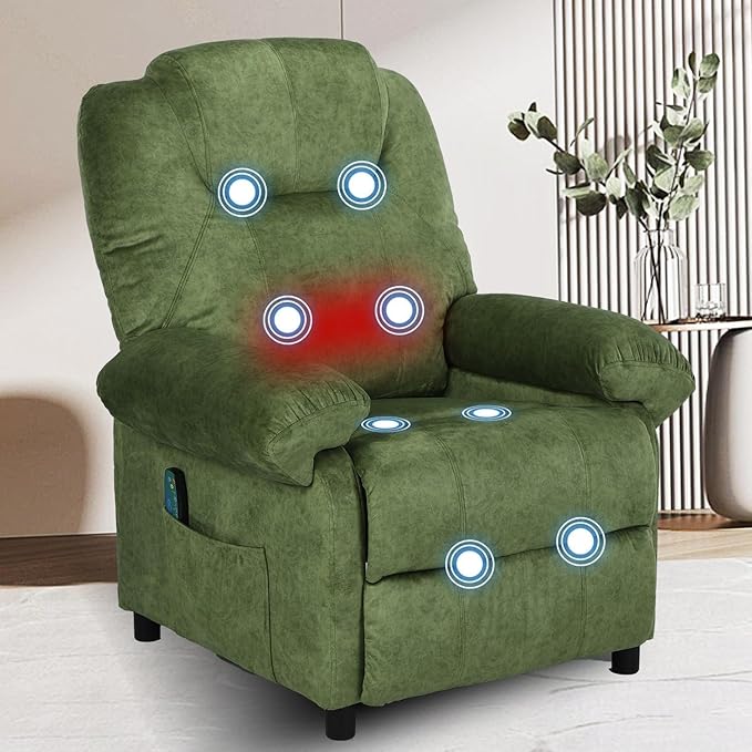 Pushback Massage Recliner Chair with Heat Fabric Heated Massaging Reclining Chair Single Sofa for Adults Mid Century Small Push Back Manual Recliner for Living RoomGreen