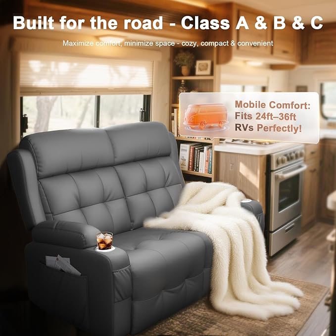 Reclining Loveseat 55.1 RV PU Leather Wall Hugger Recliner Love Seats Sofa with Charging Station Removable Armrest Cup Holder Double Recliners Couch Manual Love Seat for Living Room