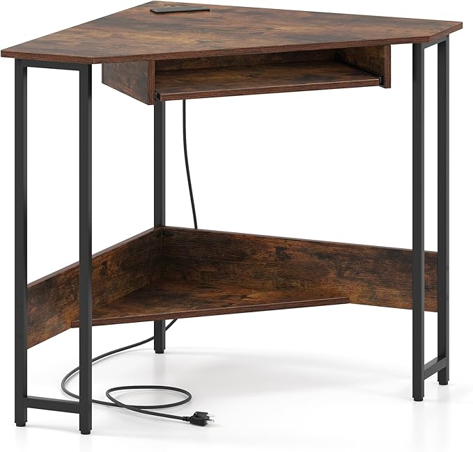 Tangkula Corner Desk with Keyboard Tray 90-Degree Triangle Corner Computer Desk for Small Space Industrial Writing Desk with Storage Shelf Space-Saving Laptop PC Desk (Rustic Brown)
