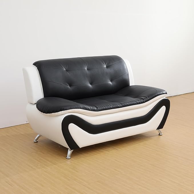 Living Room Furniture Sets 3 Piece Faux Leather Sofa Set White and Black Couch Set for Home Apartment Office(Sofa Loveseat and Chair)
