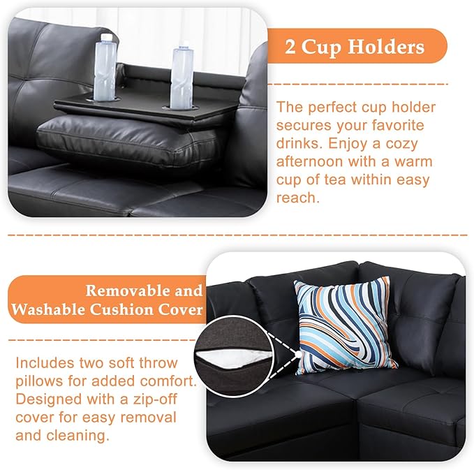 Wakefit Sectional Sofa Couch Modern 4-Seaters Living Room Furniture Sets with Chaise Lounge Ottoman &amp 2 Pillows | L Shape Couch | Cup Holder | Faux PU Leather Black