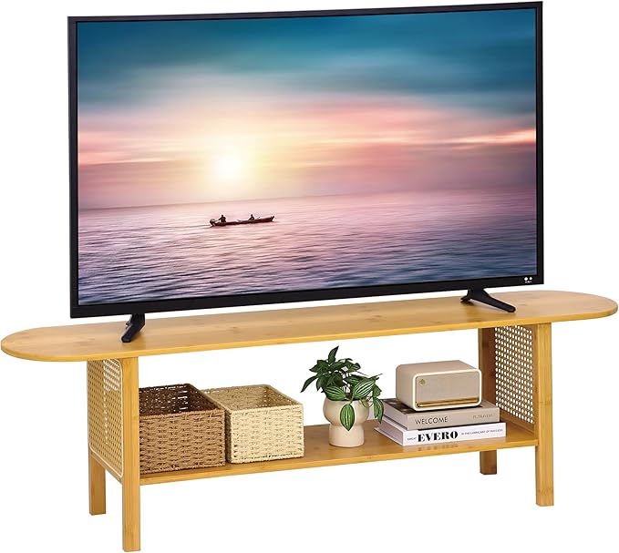 Bamboo TV Stand for TVs up to 65 Accent Entertainment Center with Storage Media Console Table with Rattan Modern TV Stand for Living Room Bedroom 55(L) Burlywood