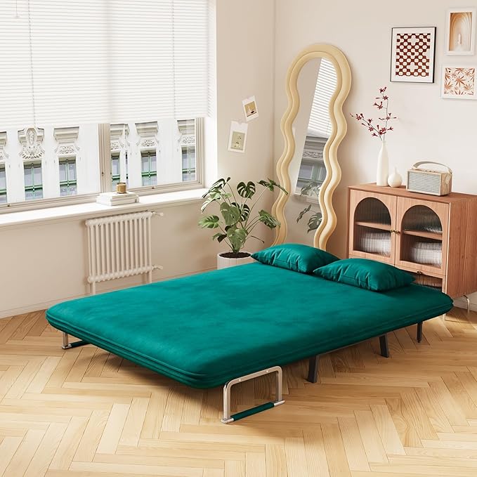 Convertible Sofa Bed Full Size Velvet Tri-Fold Sofa Bed with 6-Position Adjustable Backrest Multi-Functional Folding Chaise Lounge Couch for Home Office 55 W x 74.8 L Antique Green