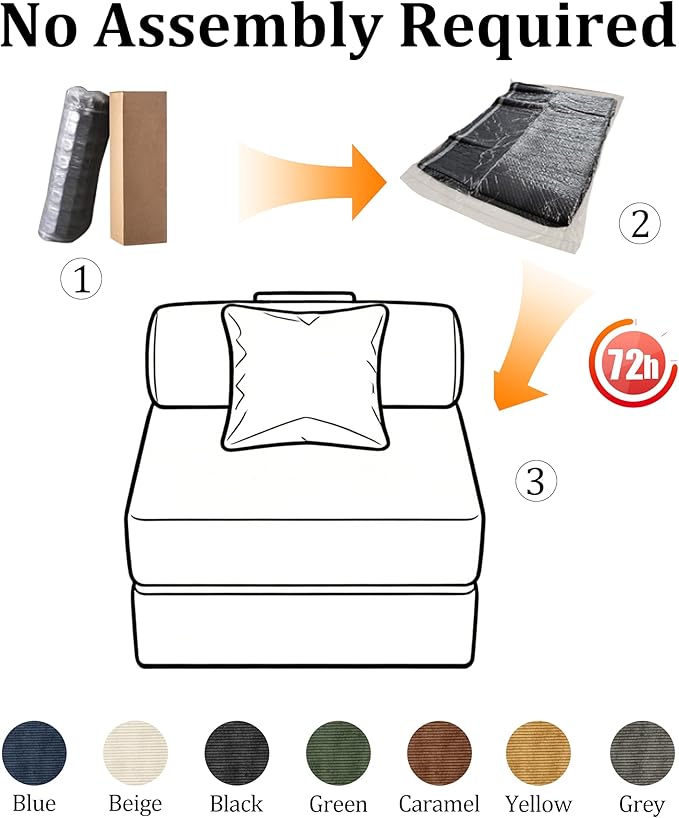 31.5'' Convertible Compressed Corduroy Folding Sofa Bed Modern Boneless Pull Out Sleeper Sofa Couch in a Box 3 in 1 Portable Lazy Floor Lounge Chair No Assembly Needed Caramel Pillow Single