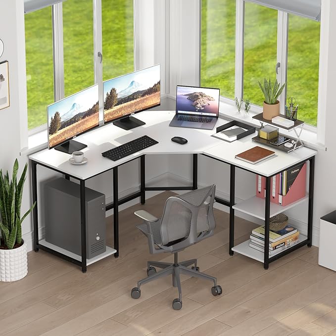 Elephance L-Shaped Desk with Shelves Computer Corner Desk Home Office Writing Workstation Gaming Desk PC Laptop Table with Storage