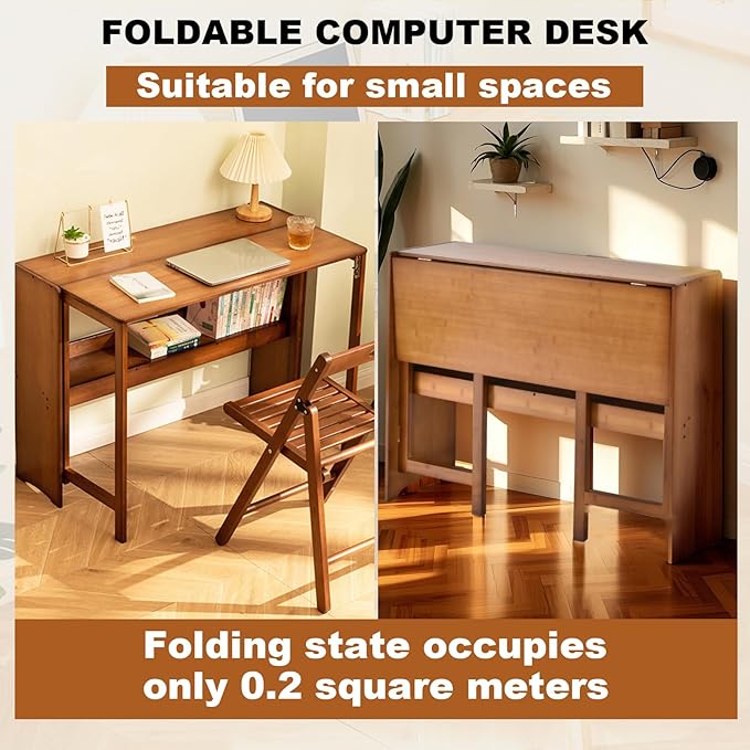 Bamboo Folding Desk with BookshelfFolding Computer Table Multipurpose Table with Bookshelf Wooden Workstation Standing Work Desk for Home and Office Living Room Bedroom Kitchen