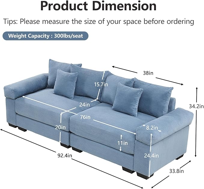 92.4 Oversized Modular Sectional Sofa Corduroy Large Sectional Couches for Living Room Love Seat Couches Modern Deep Seat Sofa Set Blue