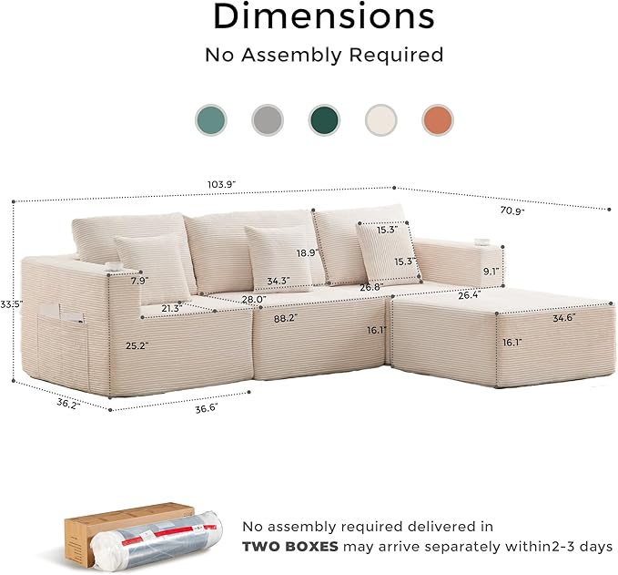 WELAX 104 Modular Sectional Couches for Living Room Boneless Couch L-Shape with Cup Holders &amp Pillows Modern Corduroy Cloud Sofa 4 Seater Home Comfy Sofas for Bedroom Beige