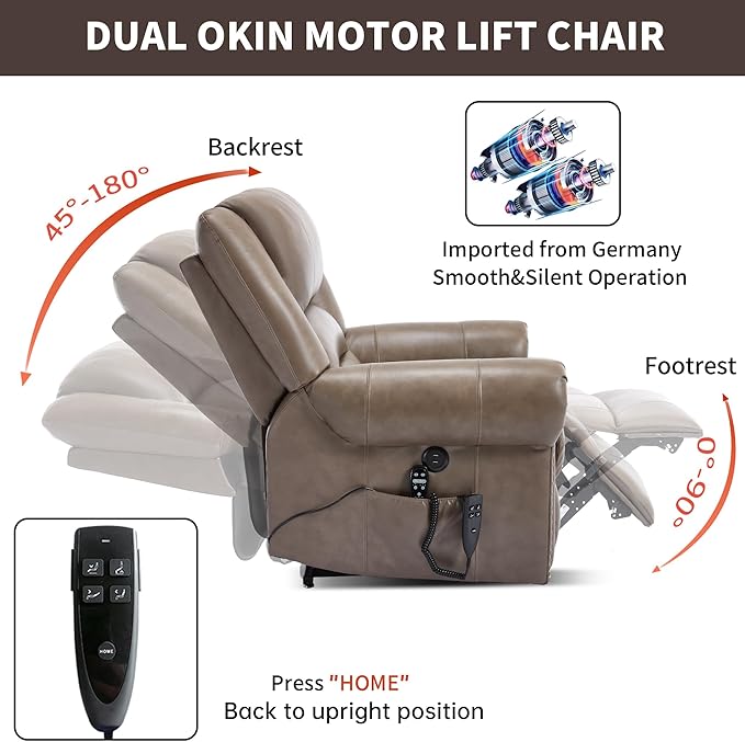 Genuine Leather Power Lift Recliner Chair Lazy Boy Recliner Chair with Charging Ports for Living Room Theater Seating Electric Single Sofa with Round Armrest Camel Brown