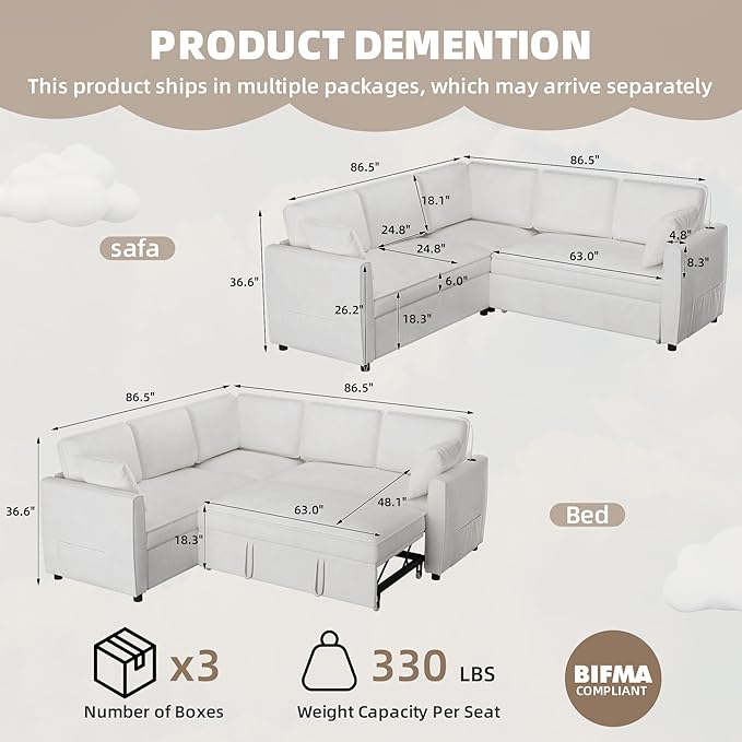 EROMMY 87 Sectional Sofa Couch with Pull Out Bed 5 Seat L Shaped Pull Out Couch Bed with USB Ports Velvet Modular Sleeper Sofa Bed with 2 Throw Pillows Large Sectional Couches for Living Room