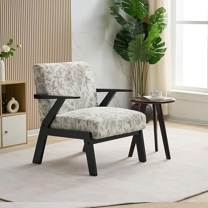Mid Century Modern Accent Chair Living Room Chairs Comfy Arm Chair for Bedroom Small Cozy Upholstered Reading Chair Lounge Armchair with High Back for Balcony Home Office (Beige+Grey)