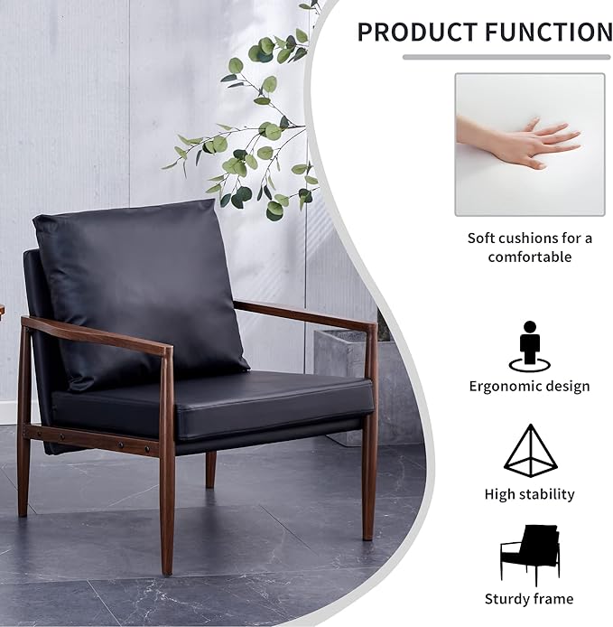 Sofa Chair.Black PU Leather Accent Arm Chair Mid Century Modern Upholstered Armchair with Imitation Solid Wood Color Metal Frame Padded Backrest and Seat Cushion Sofa Chairs for Living Room