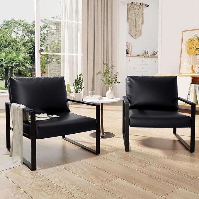 Accent Chair Set of 2 Leather Modern Comfortable Waiting Room Chairs Easy to Clean Couch Chair for Living Room Bedroom Office (Black)