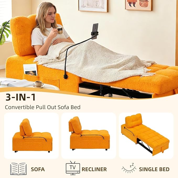 40 L Convertible Sofa Bed 3-in-1 Multifunctional Lounge SleeperPullout Guest Bed with Side Pocket &amp Phone Holder Adjustable Backrest | Design for Small Spaces Living Room &amp BedroomOrange