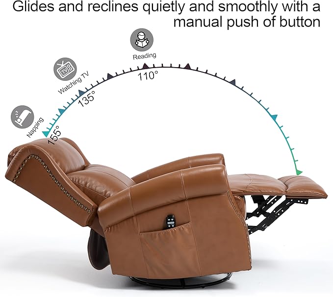 Manual Rocker Swivel Recliner Chair for Adults Vibration Massage Reclining Glider Chair with Lumbar Heat Rivet Design Single Sofa for Living Room Genuine Leather Brown