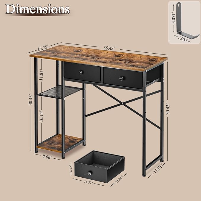 Small Computer Desk 36 Inch Writing Desk with Drawers &amp Storage Shelves Home Office Writing Desk for Small Spaces Bedroom Living Room Dorm Rustic Brown