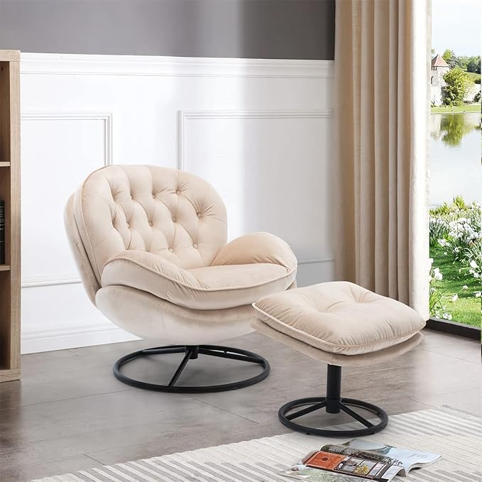 TRIPLE TREE Velvet Accent Chair with Ottoman 360 Degree Swivel Lounge Armchair with Metal Base Comfy TV Chair Recliner Chair for Living Room Bedroom Reading Room Office Beige