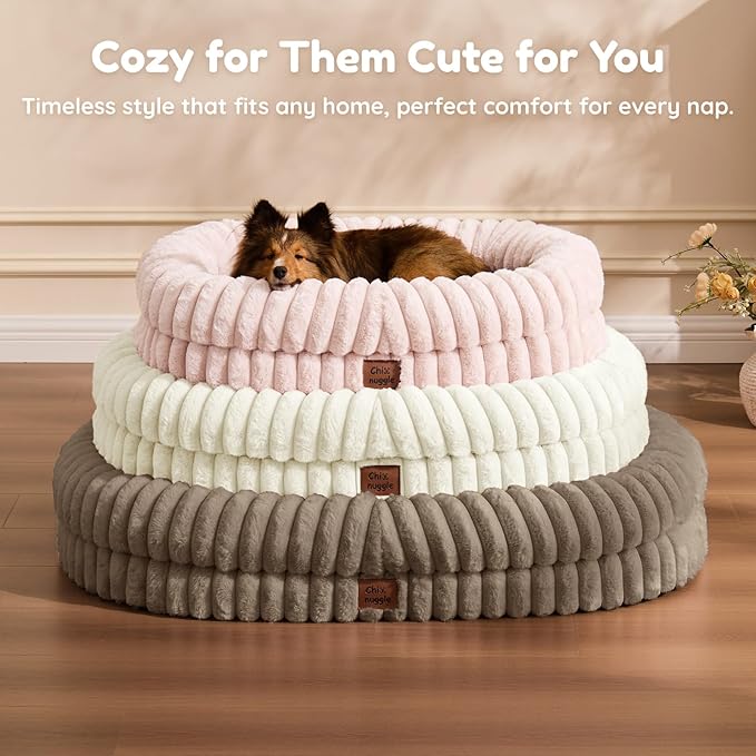 Dog Bed Large Sized Dog - Luxury Striped Faux Fur Waterproof Dog Couch with Removable Washable Cover Orthopedic Dog Bed with Bolster Sides for Sleeping Taupe
