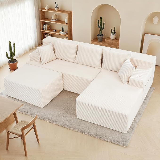 Boneless Couch Cloud Modular Sectional Sofa Modern Convertible L Shaped 3 Seat Deep Seat Boneless Couches with 5 Pillows for Living Room Apartment (Beige Right Facing Chaise+Ottoman)