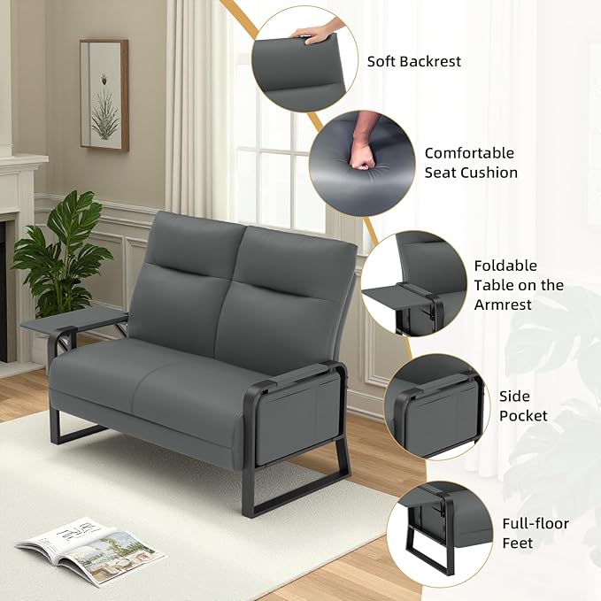 Faux Leather Loveseat Couch for Living Room Bedroom Office Small Sofa 2 Seater Couch with Flip Up Tray Table Side Pockets Leather Loveseats Gray