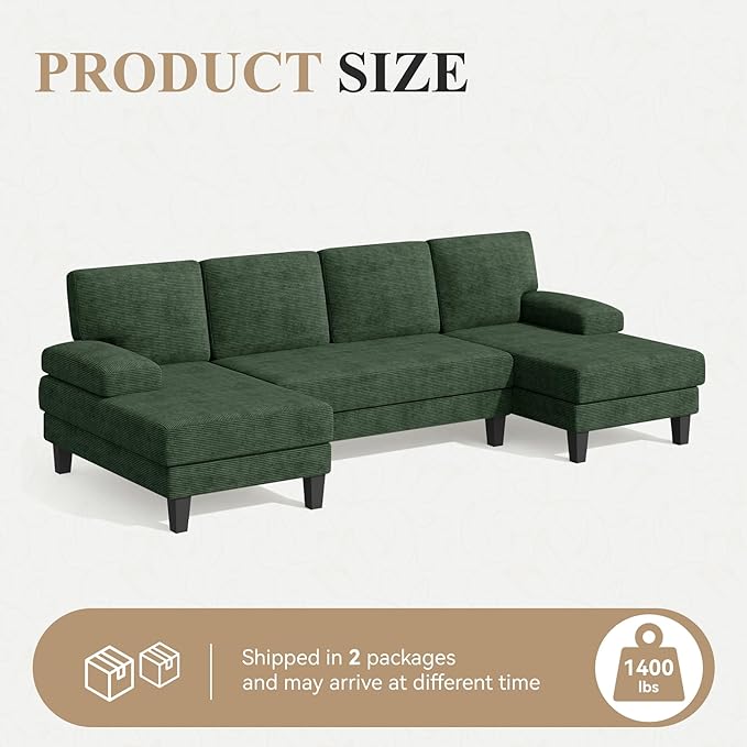 110 U-Shaped Sectional Sofa Couch for Living RoomModern Modular Sofa with Double ChaiseClassic Lounge Couch Sleeper forApartment Green Corduroy