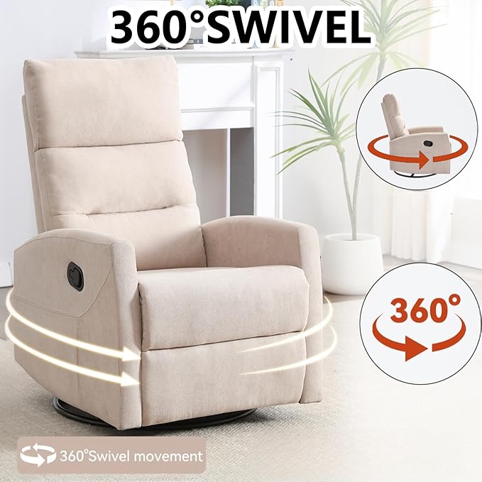Slim Lazy Boy Recliners for for Adults Swivel Rocking Chair Recliner with High Back Small Recliner Chair for Small Spaces Manual Reclining Chair for Living Room Adjustable Footrest (Beige)
