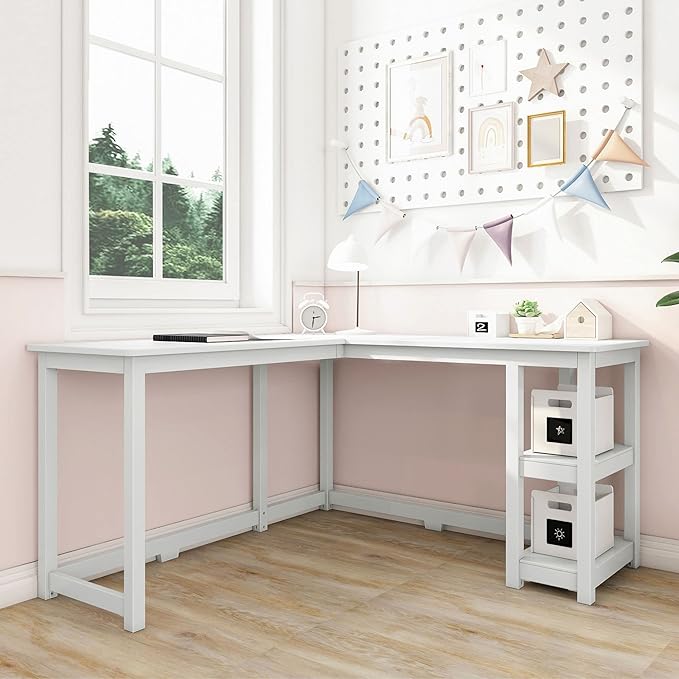 Max &amp Lily L Shaped Desk Corner Desk for Home Office Gaming Computer with Storage Shelves 55 x 55 Inches White