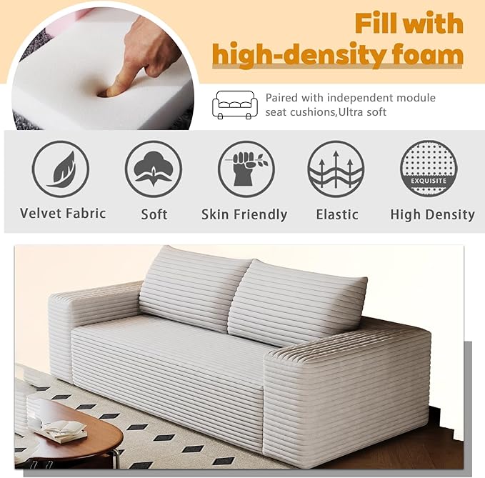 71 Sofa in a Box Compressed Boneless Couch with Wide Armrests &amp 2 Cushions Cloud loveseat Sofa for Living Room Memory Foam Deep Seat Corduroy Fabric No Assembly (White 3)