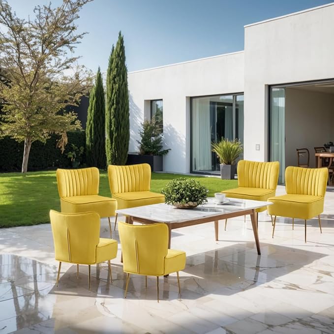 Velvet Accent Chairs Set of 6Modern Armless Living Room ChairsUpholstered Wingback Sliper Chair Single Sofa Chair with Golden LegsSmall Corner Chair for BedroomGuest RoomYellow