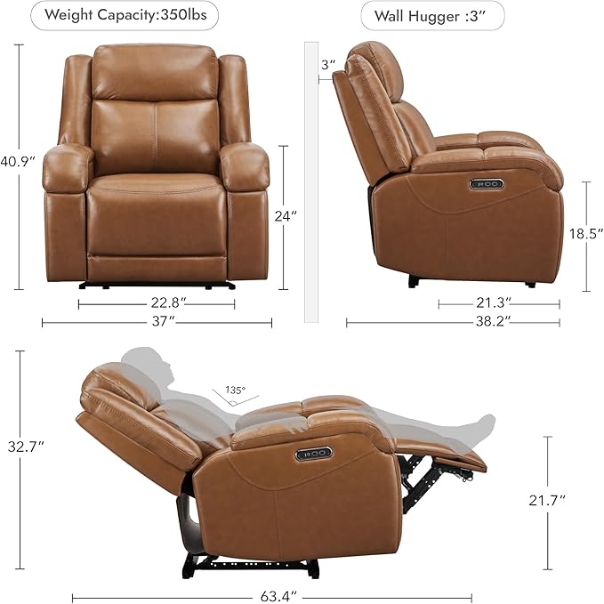 Watson &amp Whitely Genuine Leather Power Recliner Chairs for Adults Wall Hugger RV Recliner with Power Headrest &amp Charging Ports Electric Recliner Sofa Chair for Living Room Saddle Brown