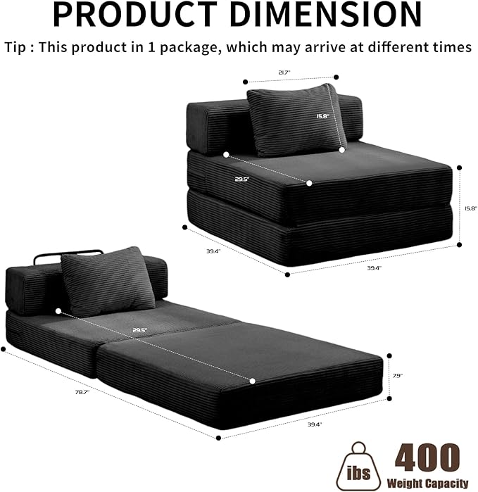 Folding Sofa Bed Convertible Sleeper Chair with Pillow Single Sofa with Back Support Portable Fold Out Chair Cloud Couch Bed Comfy Floor Sofa Lounge for Living Room Bedroom Black