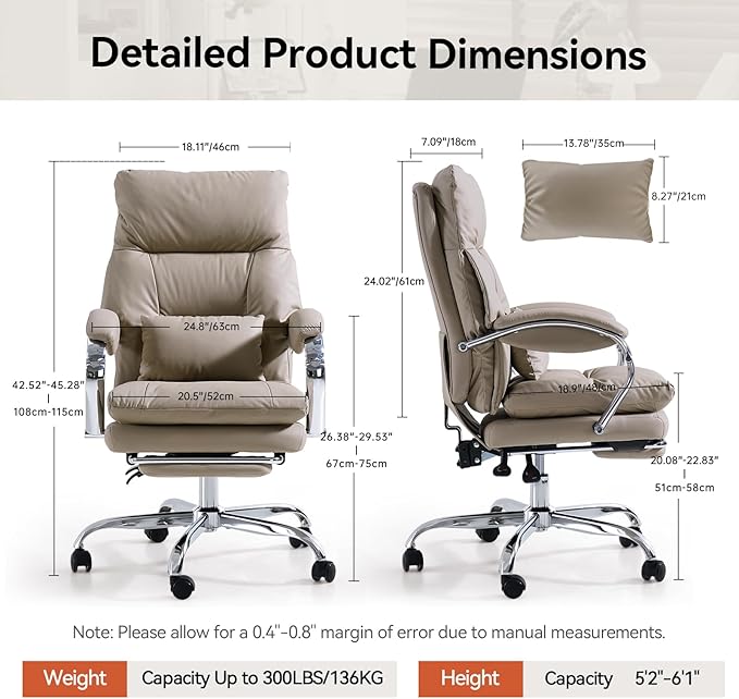 LEAGOO Office Chair with Foot Rest Executive Reclining Office Chairs with Arms Ergonomic High Back PU Leather Comfy Swivel Computer Desk Chairs with Wheels and Lumbar Support for Home Office Tan