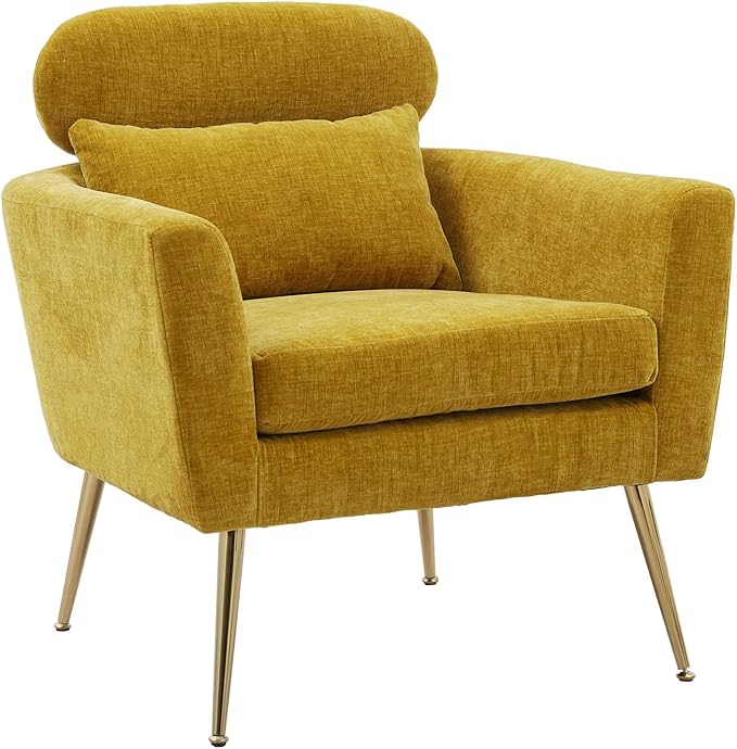 29.5 W Modern Chenille Accent Chair Armchair Upholstered Reading Chair Single Sofa Leisure Club Chair with Gold Metal Leg and Throw Pillow for Living Room Bedroom Dorm Room Office Mustard Chenille
