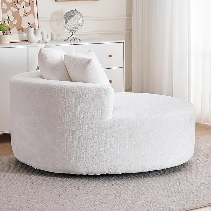 54.5 Beige Oversized Swivel Barrel Chair - Chenille Comfy Modern Sofa Chair Fluffy Upholstered Round Accent Chair Cloud Lounge Armchair with 3 Pillows for Living Room Apartment