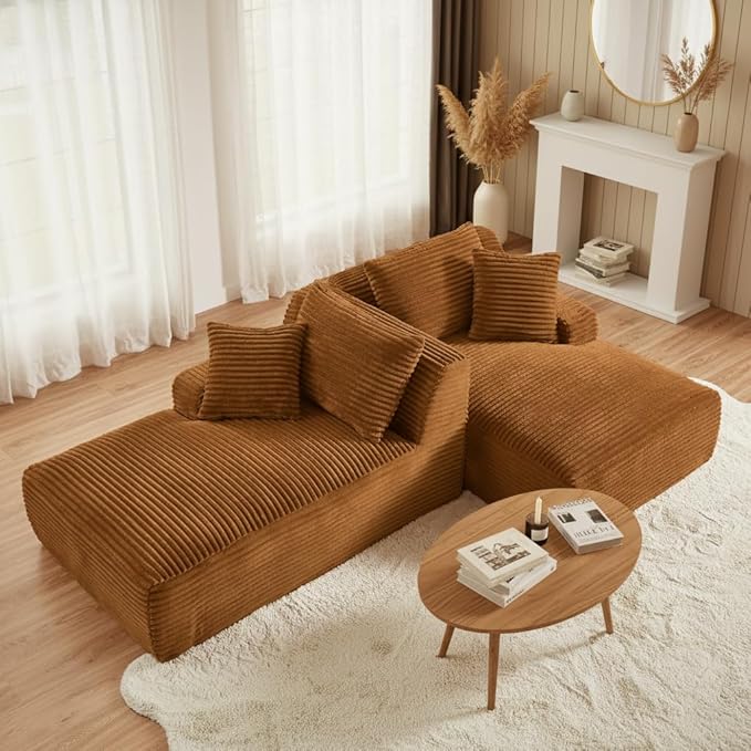 79 Double Chaise Lounge Chair Indoor: Oversized Comfy Corduroy Upholstered Boneless Couch with 4 Pillows for Living Room Bedroom and Apartment Deep Seat Sleeper Sofa 2-Seat Brown