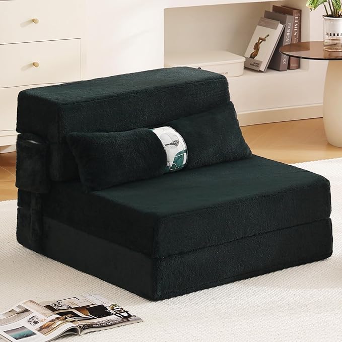 Tiita Folding Sofa Bed Couch Single Size Foldable Futon Chair with Pillow Folding Sleeper Sofa Chair Bed Floor Mattress for Guest Room Living Room Dark Green