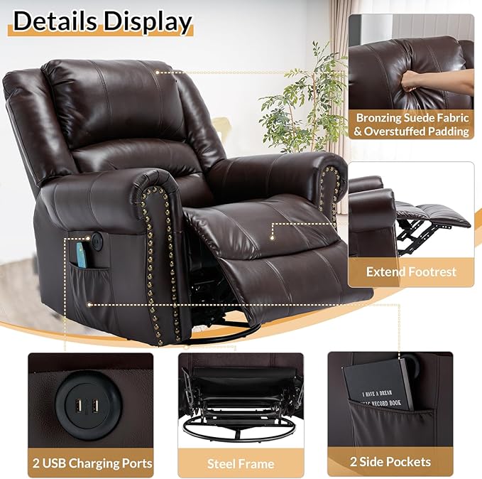 Manual Massage Recliner with Heating Function 360° Swivel Glider Rocking Recliner Chair for Living Room Ergonomic Single Sofa Chair with Remote Control/USB Ports/Side Pockets(Dark Brown)