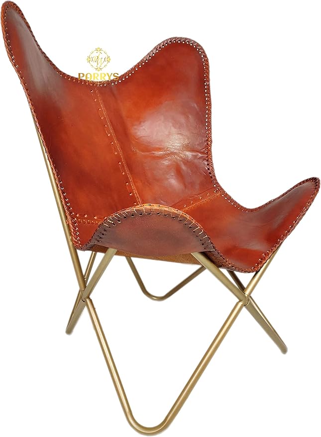 Butterfly Chair - Indian Handmade Brown Leather Butterfly Chair for Home and Office - Iron Stand Leather Office Chair – Comfortable Chair