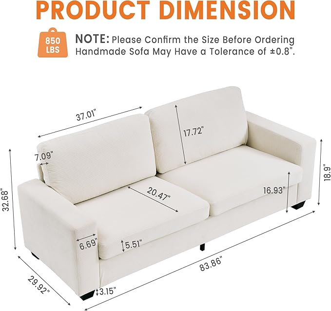 Modern Loveseat Sofa Couches for Living Room 83 Boneless Comfy Corduroy Sofa for Apartment Bedroom or Office Soft Upholstered Couch Compact Spaces Deep Seats Wood Frame Removable Cover White