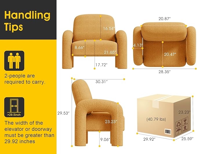 Modern Sherpa Accent Chair Teddy Upholstered Arm Single Sofa Cozy Fluffy Reading Chair for Living Room Bedrooms Corner (Yellow)
