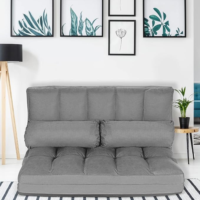 COSTWAY Floor Sofa Couch with 2 Pillows Foldable 6-Position Adjustable Lazy Sofa Bed Sleeper with Metal Frame Soft Suede Fabric Gaming Playing Lounge Recliner for Adults (Grey)