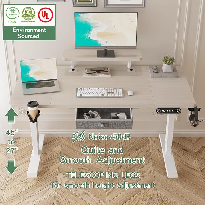 Height Adjustable Electric Standing Desk with One Drawer Table with Storage Shelf Sit &amp Stand Home Office Desk with Storage Space (Oak 55x30)