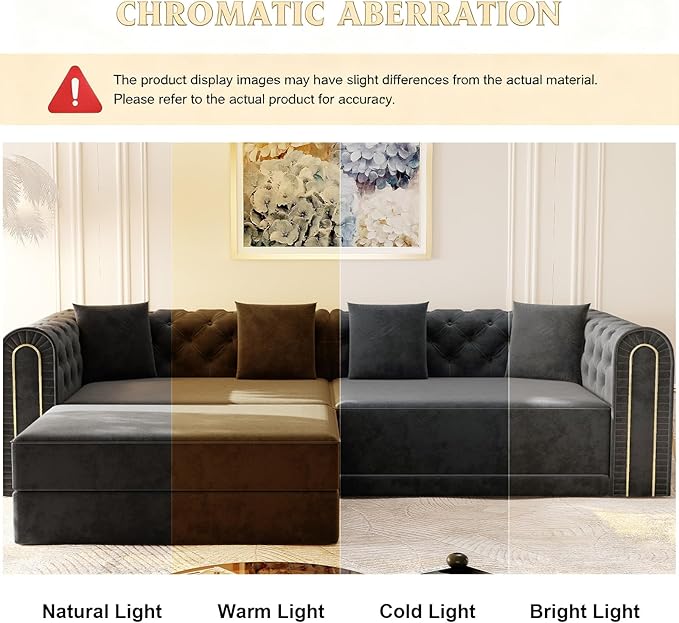 90.6'' Futon Sofa Bed Chesterfield Velvet Sleeper Sofa Convertible Floor L-Shaped Couch Tufted Back 4 Pillows Gold Edge Trim Deep Loveseat Couches for Living Room Apartment Gold Black
